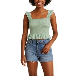 Smocked Crop Tank Top Womens L Green Floral‎ Cottage Cowgirl Boho Coquette Retro